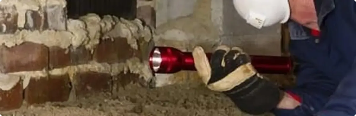Pest control technician inspecting a crawl space for ant activity in Echola, AL