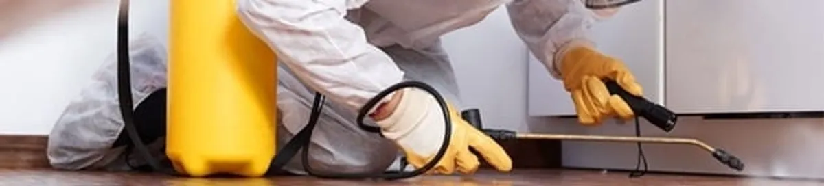Roach exterminator treating cracks and crevices along kitchen baseboards in Tuscaloosa, AL